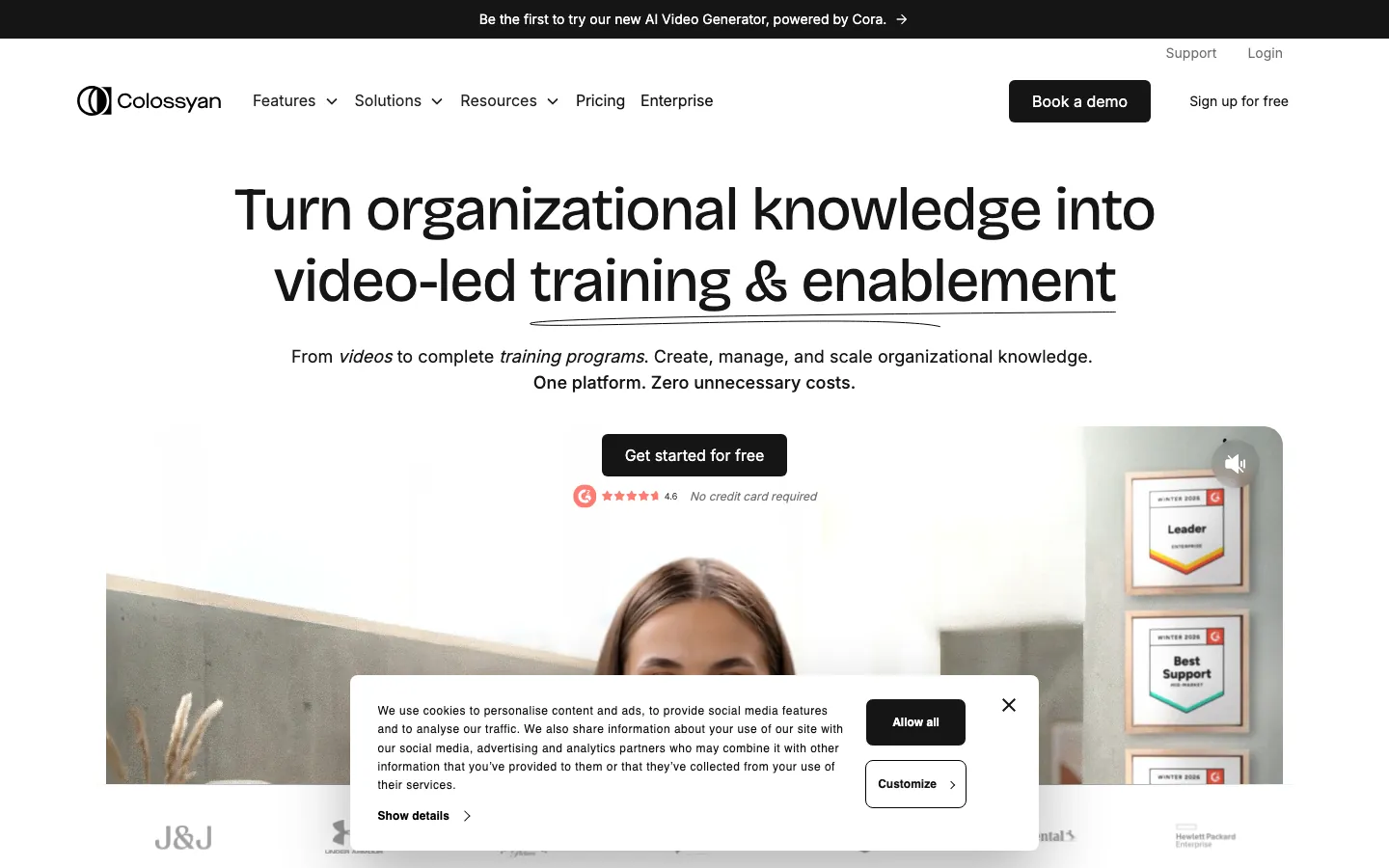 Colossyan homepage showing AI platform for video-led training with enterprise customer logos