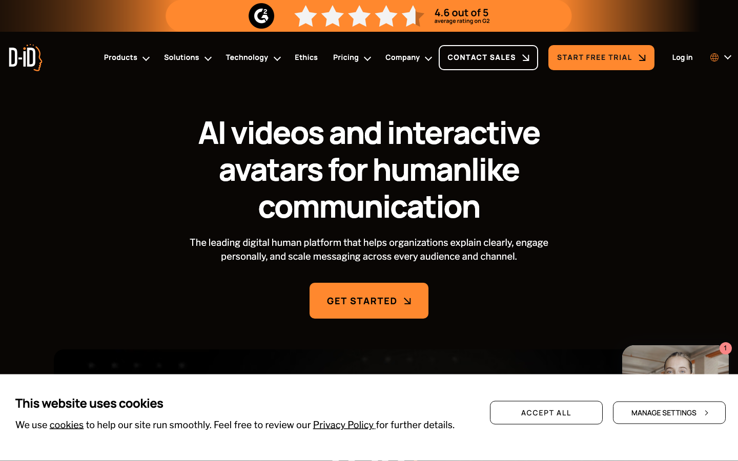 D-ID homepage showing AI avatar platform for interactive digital human agents