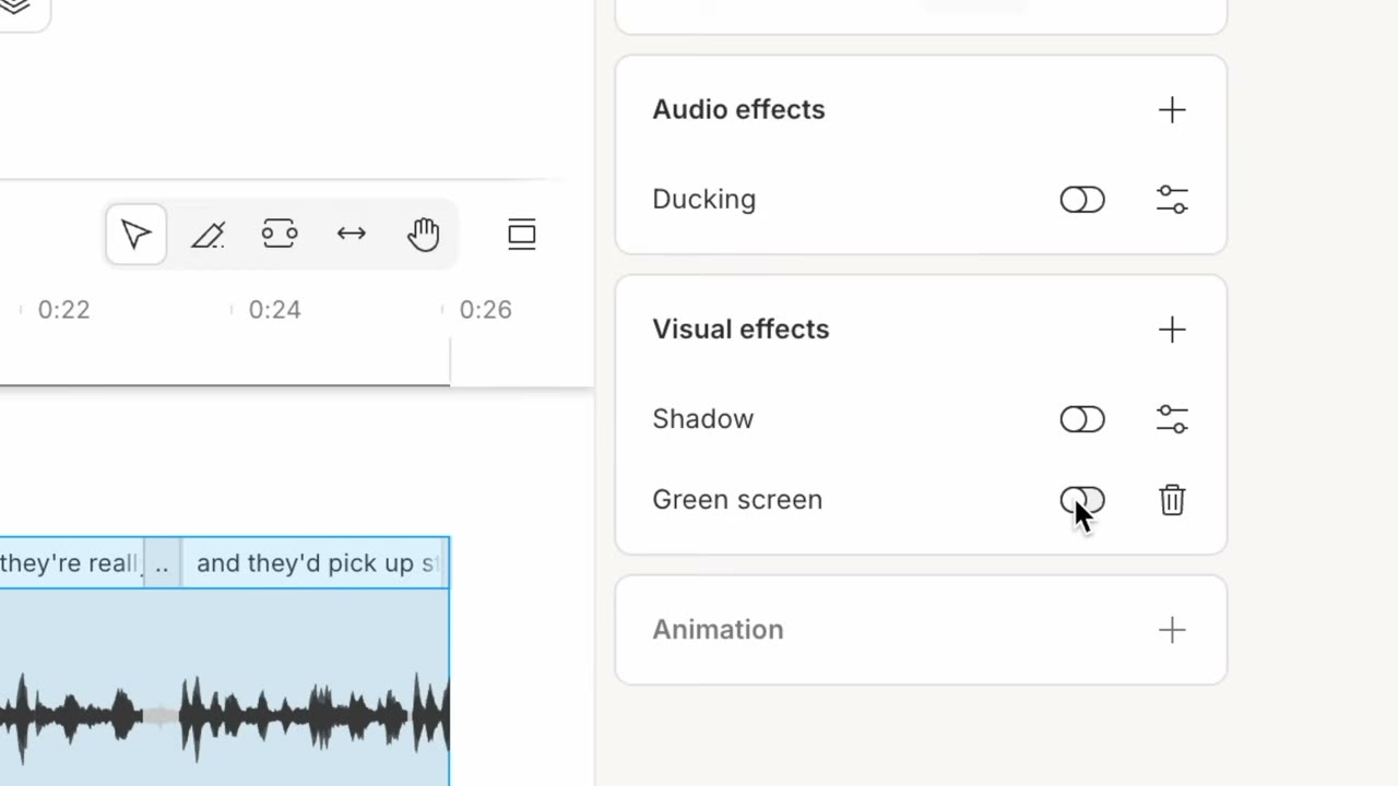 Descript AI filler word removal showing Underlord one-click detection and deletion of ums, uhs, and silence gaps