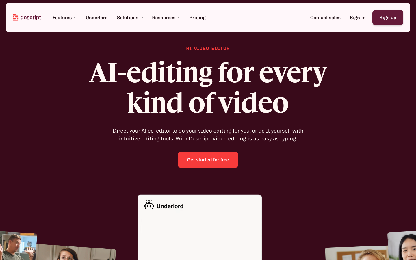 Descript homepage showing AI video editor with Underlord AI co-editor interface