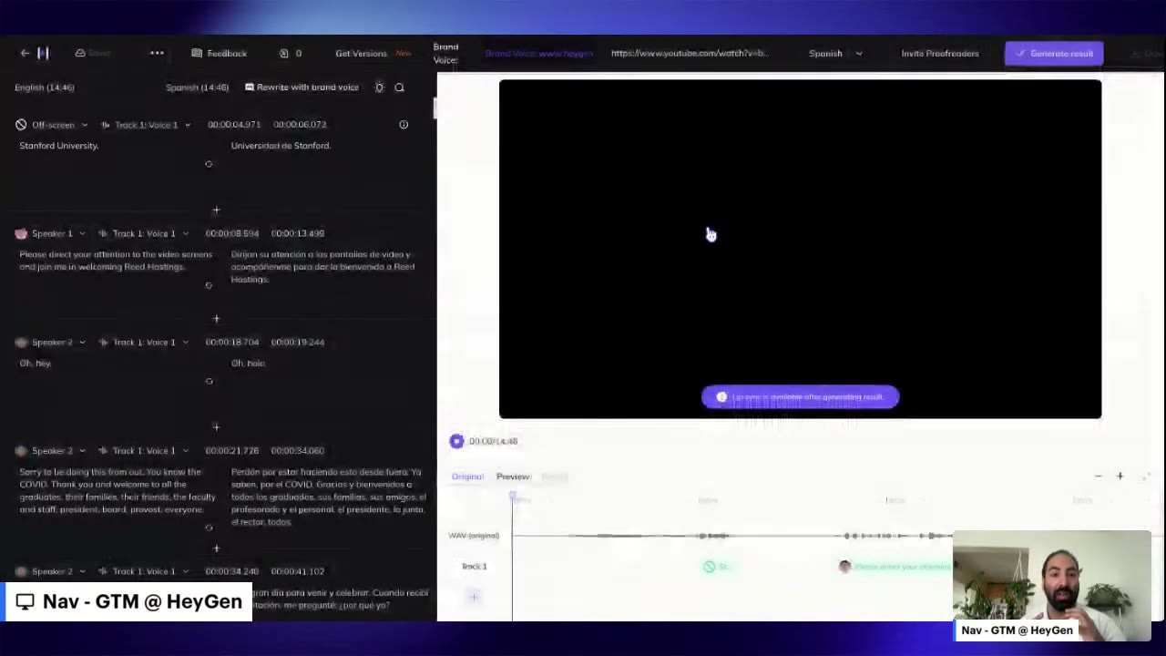 HeyGen AI dubbing interface showing video translation with automatic lip sync in 175 plus languages