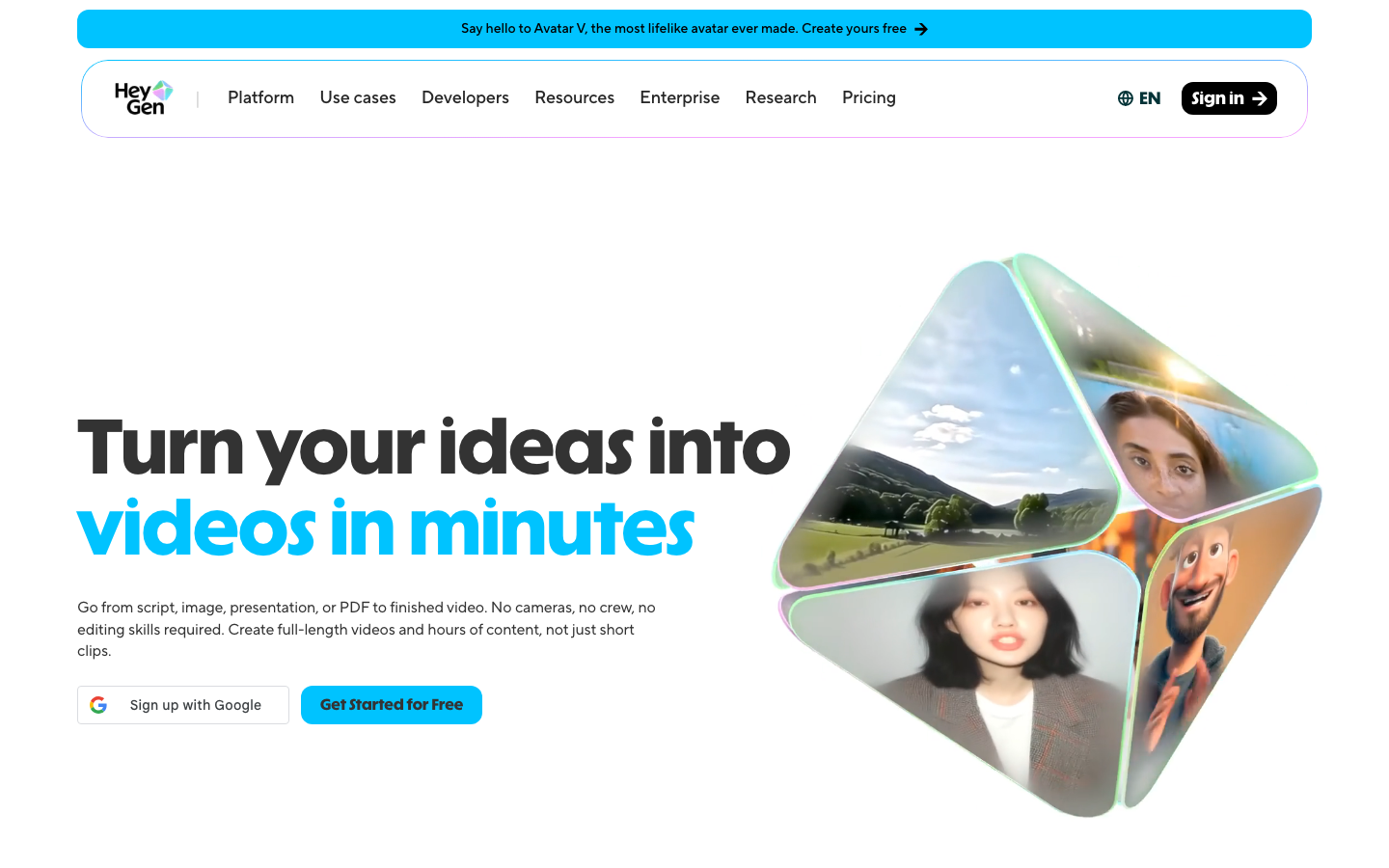 HeyGen homepage showing AI avatar video creation platform with 500+ digital twins