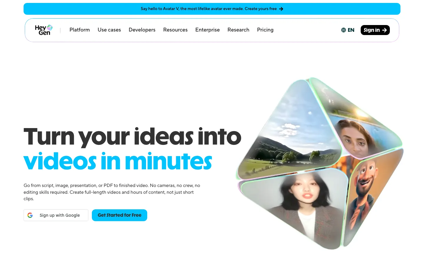 HeyGen homepage showing AI avatar video creation platform with 500+ digital twins