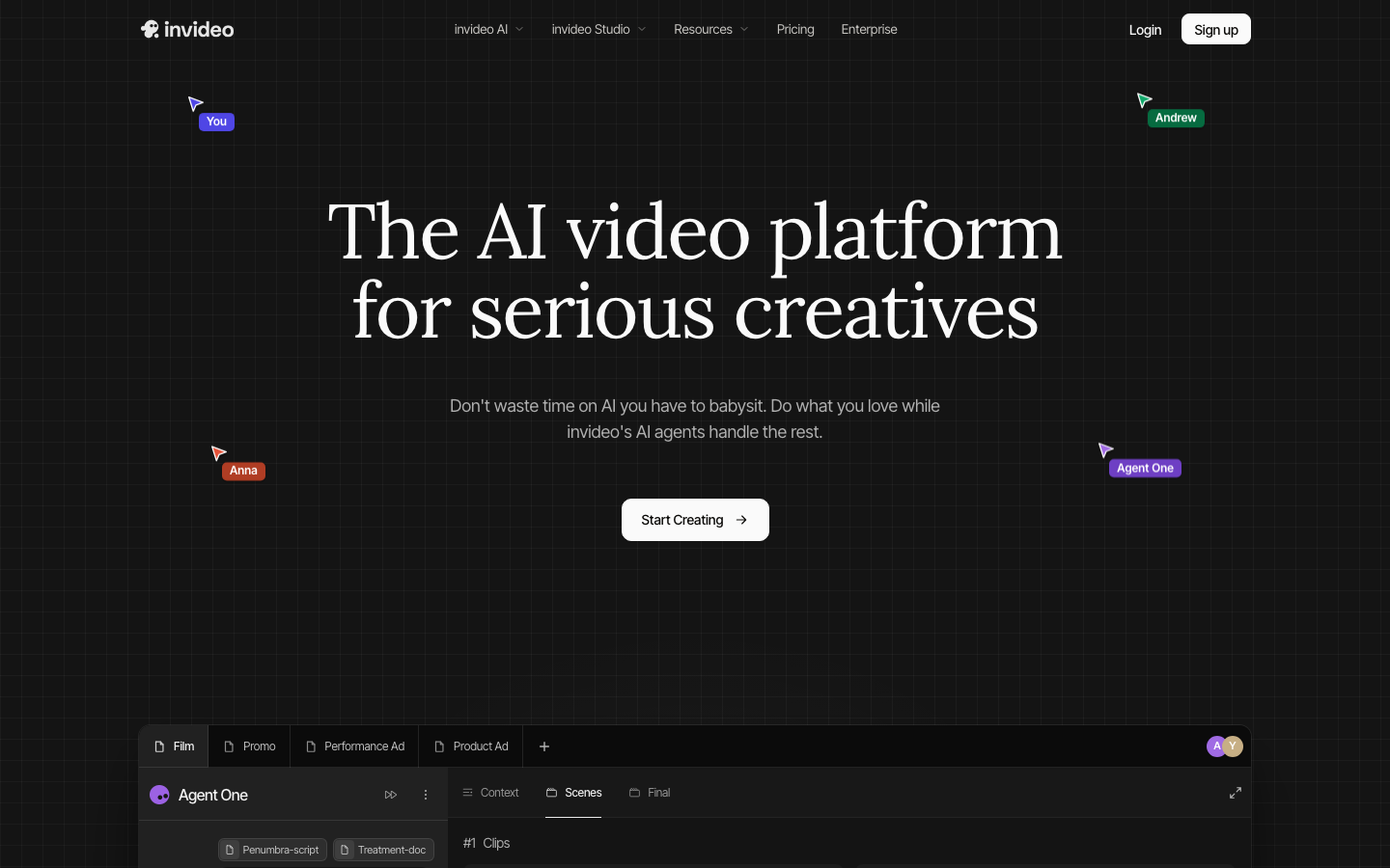 InVideo AI homepage showing AI video platform for serious creatives with agent-based workflow