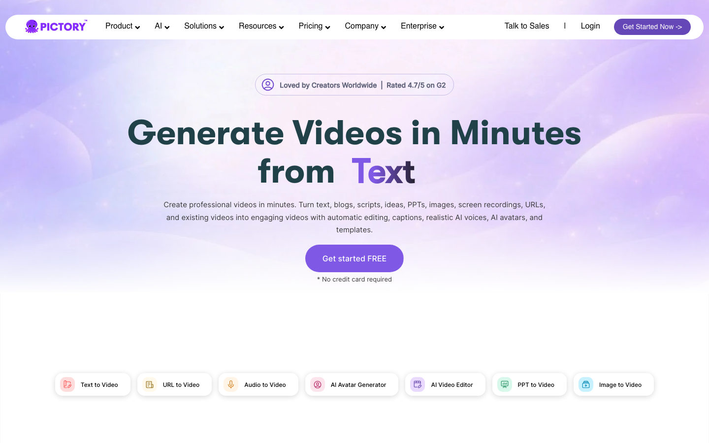 Pictory AI homepage showing long-form blog and article to video conversion platform