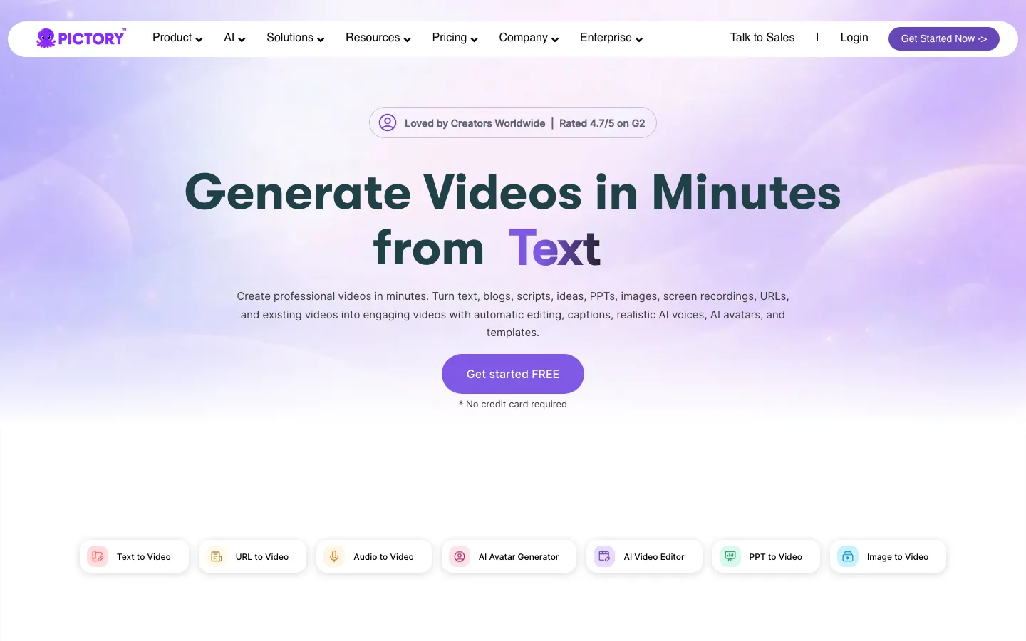 Pictory AI homepage showing long-form blog and article to video conversion platform