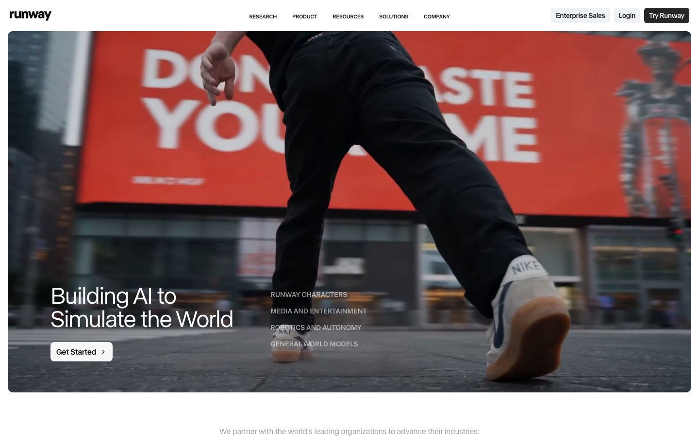 Runway AI homepage showing Gen-4 cinematic video generation interface and model suite