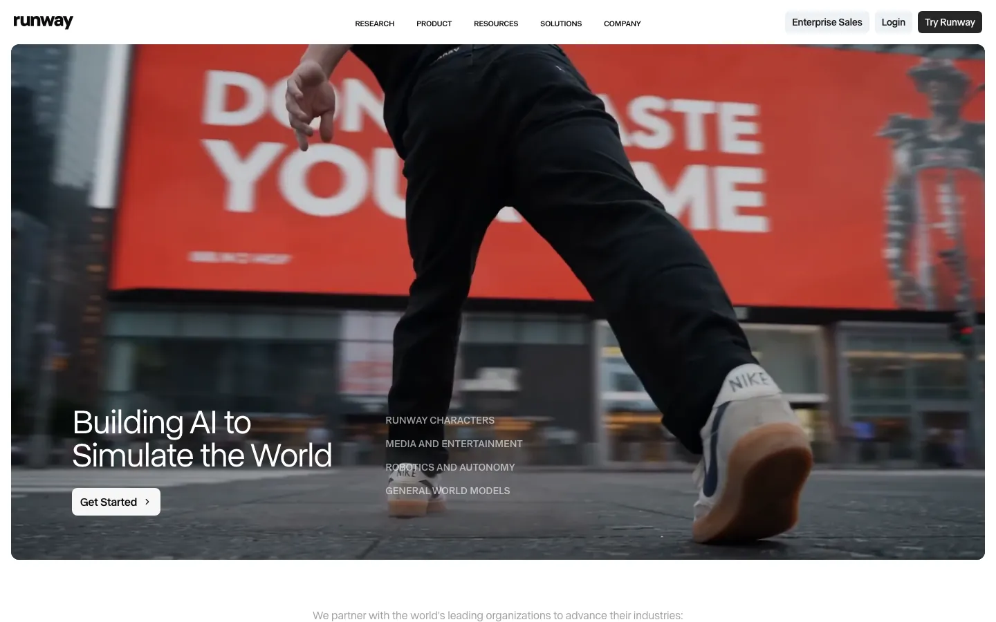 Runway AI homepage showing Gen-4 cinematic video generation interface and model suite