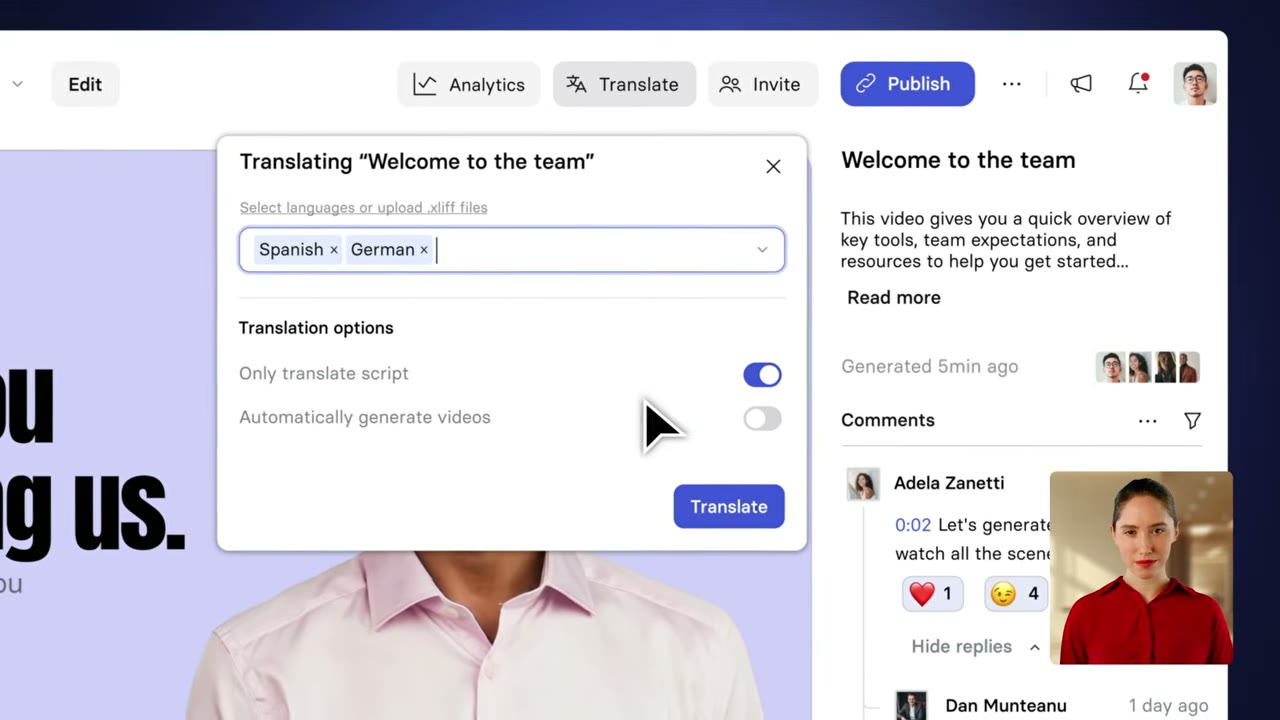 Synthesia multilingual output showing training video with translated audio and synchronized avatar lip movement