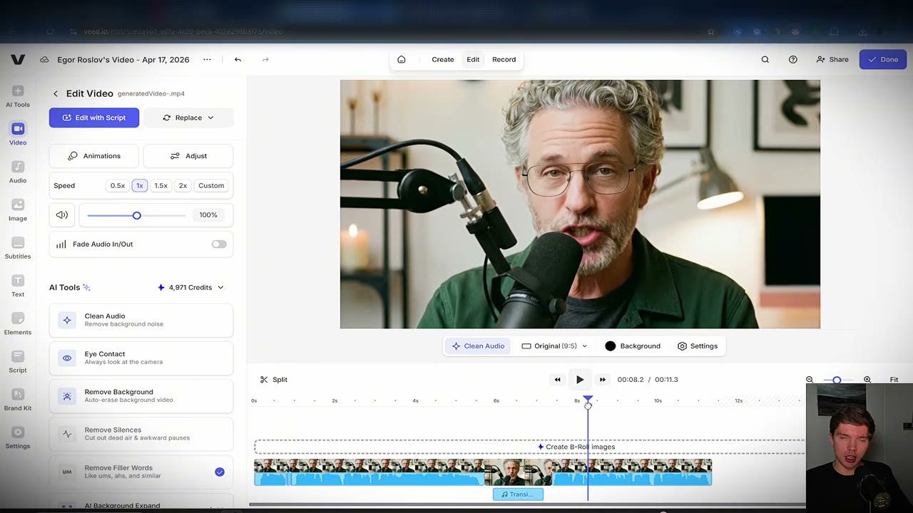VEED auto-subtitle tools panel showing automatic transcription, caption styling, and 50-language translation options
