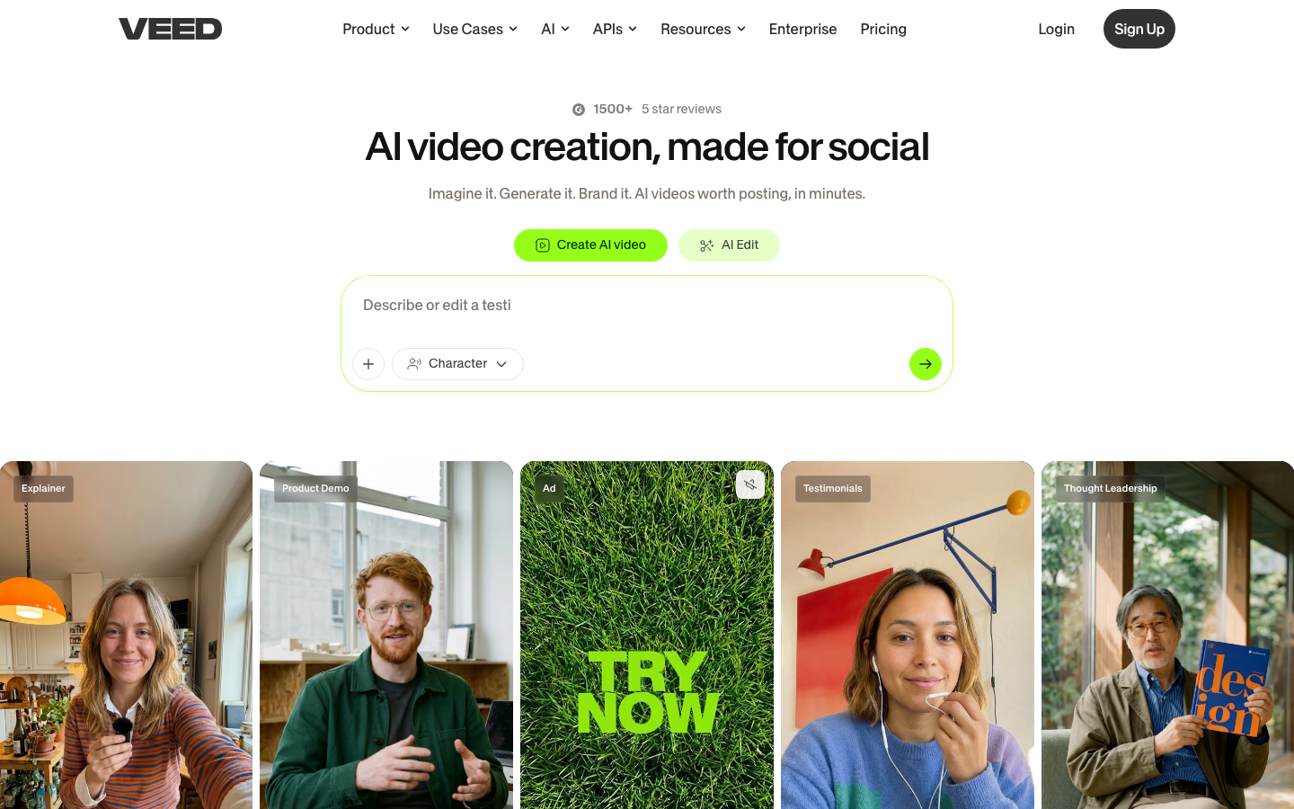 VEED homepage showing AI video editing platform with auto-subtitles and video generation features