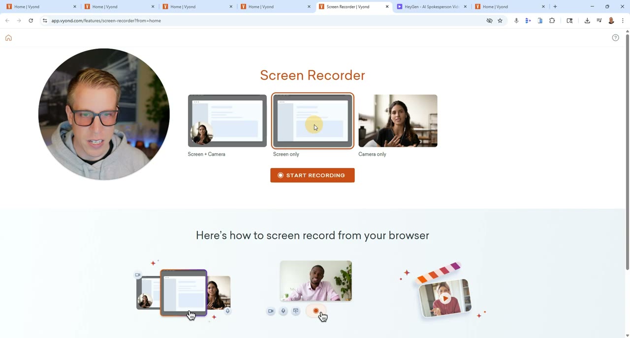 Vyond scene builder showing background selection, prop library, and camera movement options for animated explainer video production
