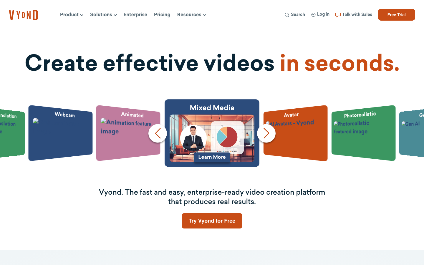 Vyond homepage showing animated AI video creation platform rated number one video content creation by G2