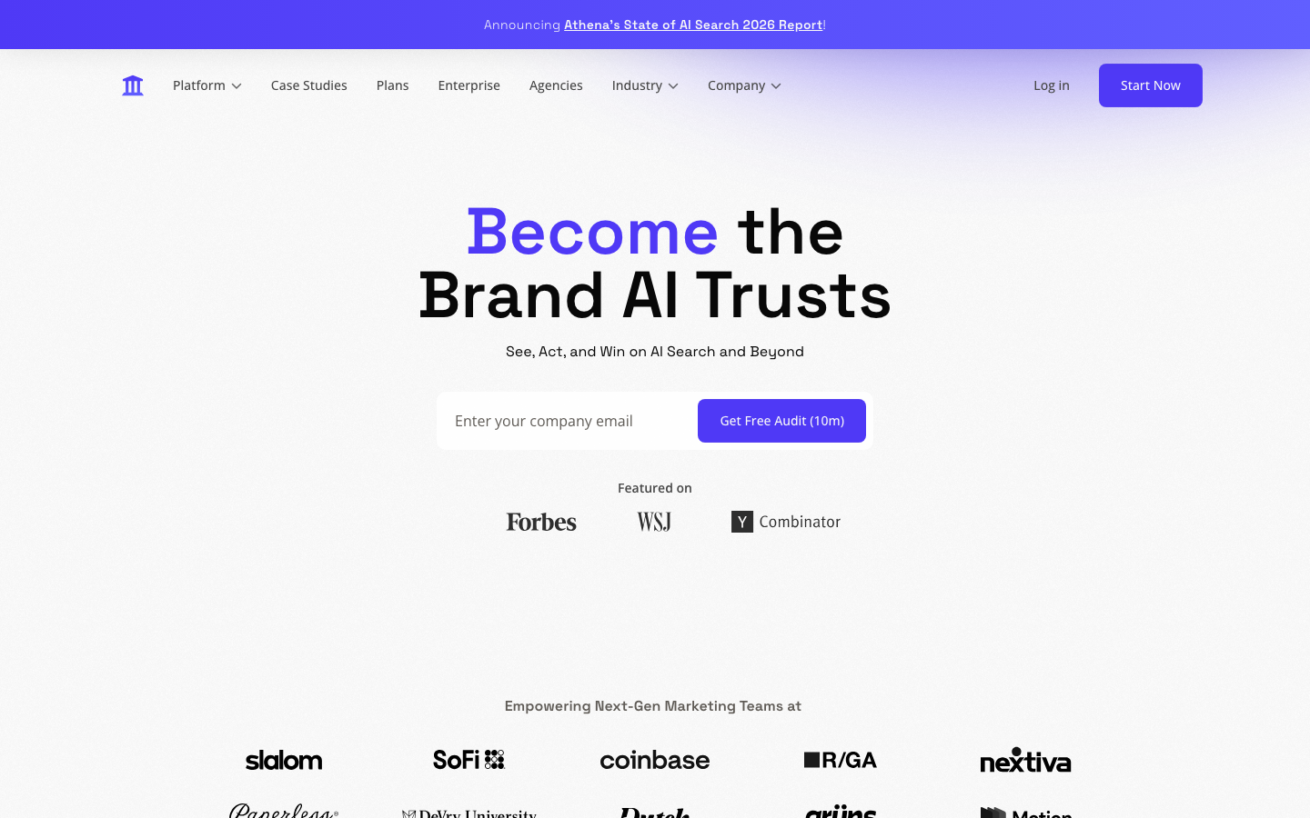 AthenaHQ plans and pricing page showing Self-Serve at $95/month with GEO visibility tracking and competitor monitoring features