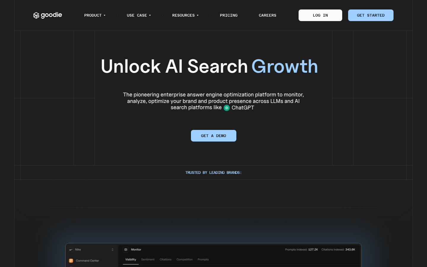 Goodie AEO platform homepage showing brand visibility monitoring across AI surfaces with Explorer, Pro, and Enterprise tiers