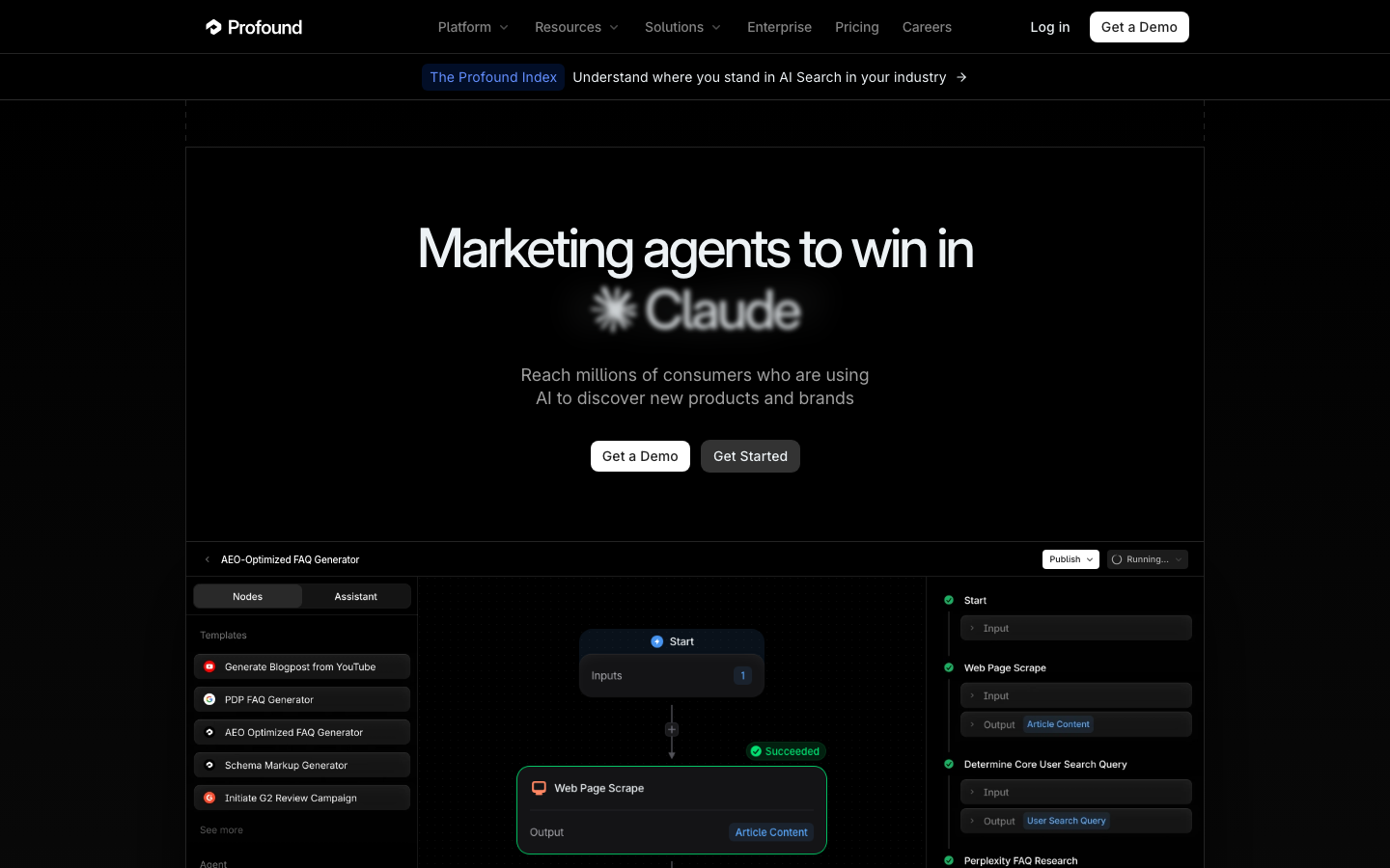 Profound homepage showing marketing agents to win in ChatGPT and Perplexity with Get Started CTA