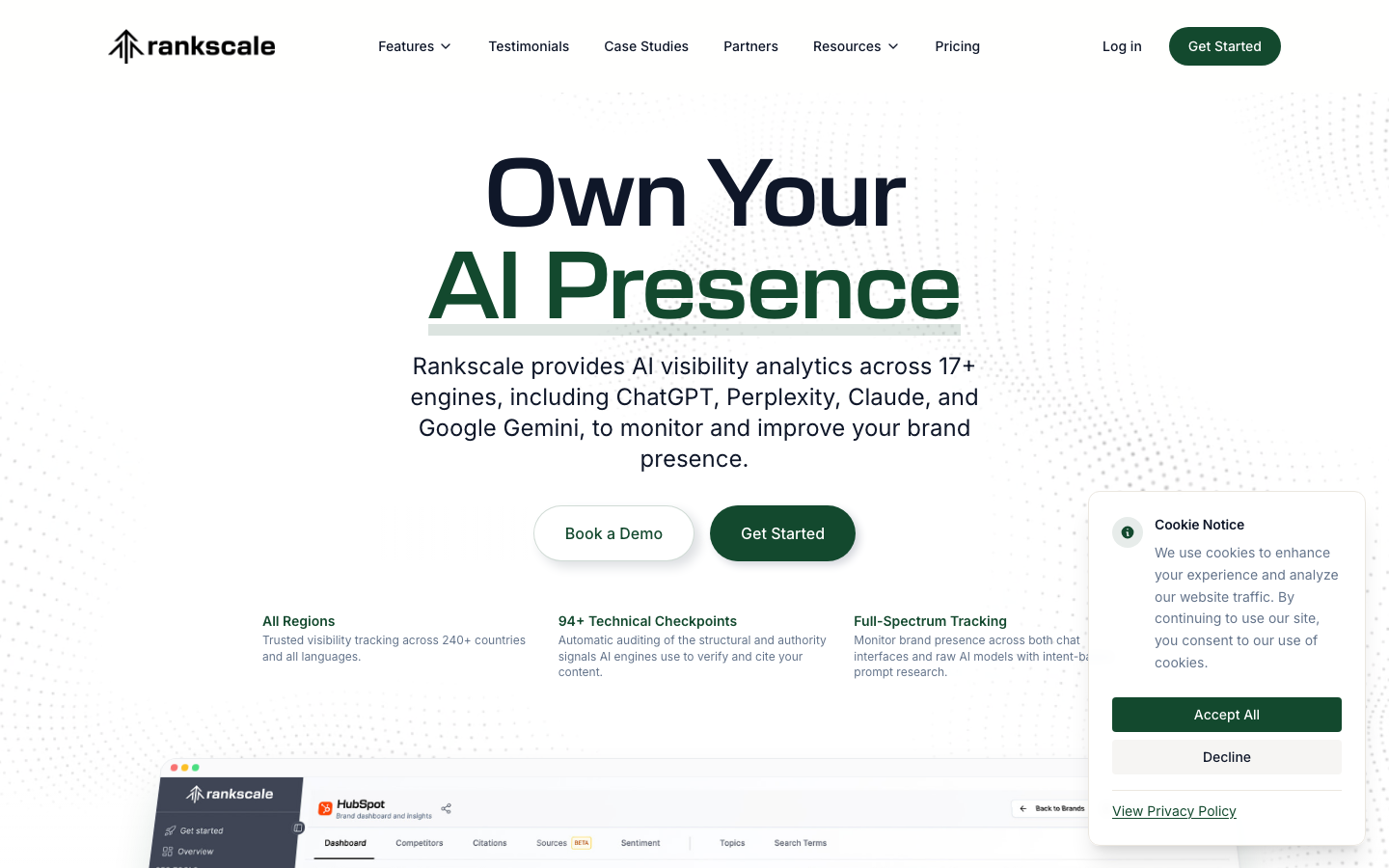 Rankscale pricing page showing Pro, Growth, and Enterprise plans with credit-based AI visibility tracking and white-label agency features