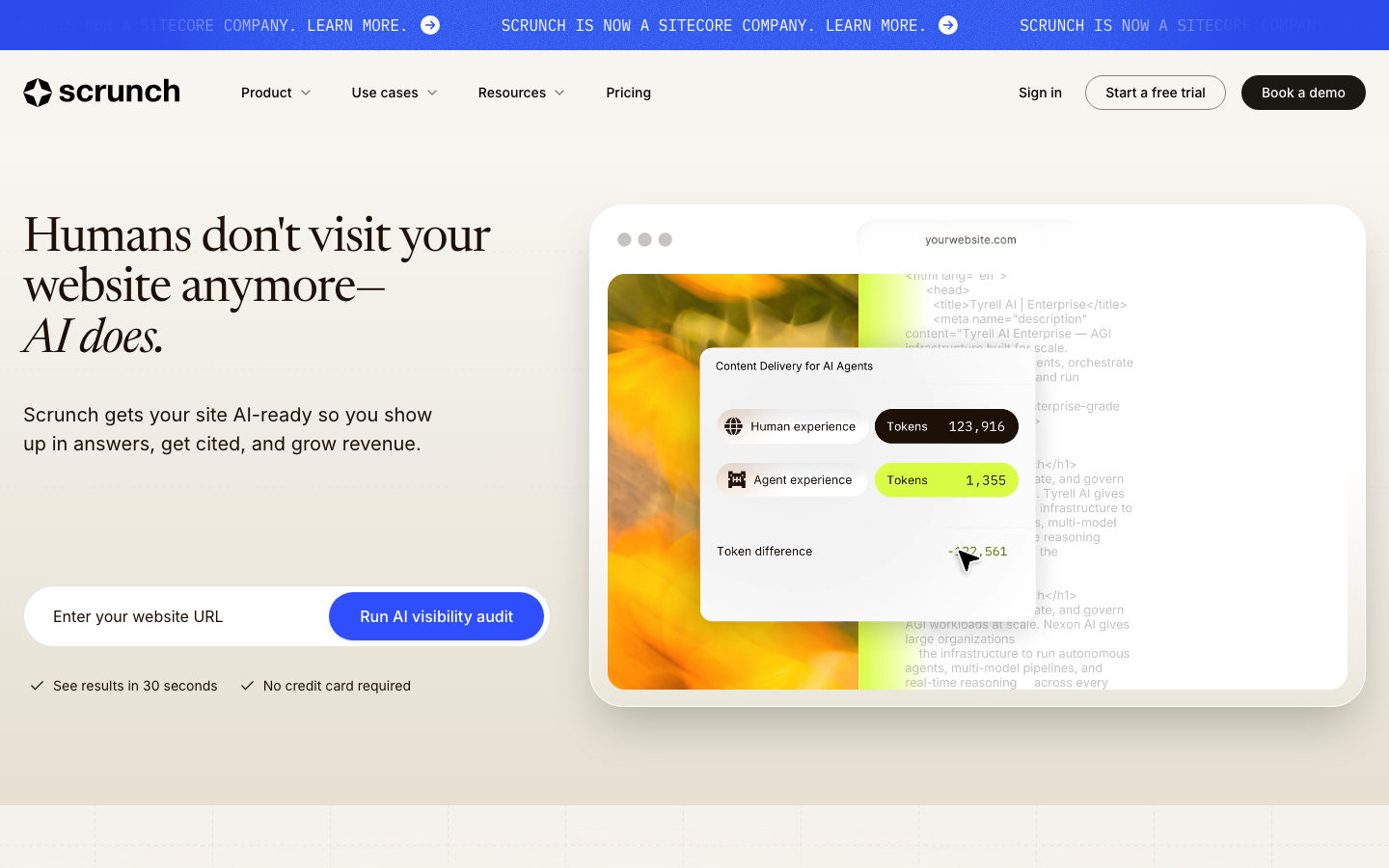 Scrunch homepage showing Sitecore acquisition banner and AI presence monitoring platform positioning