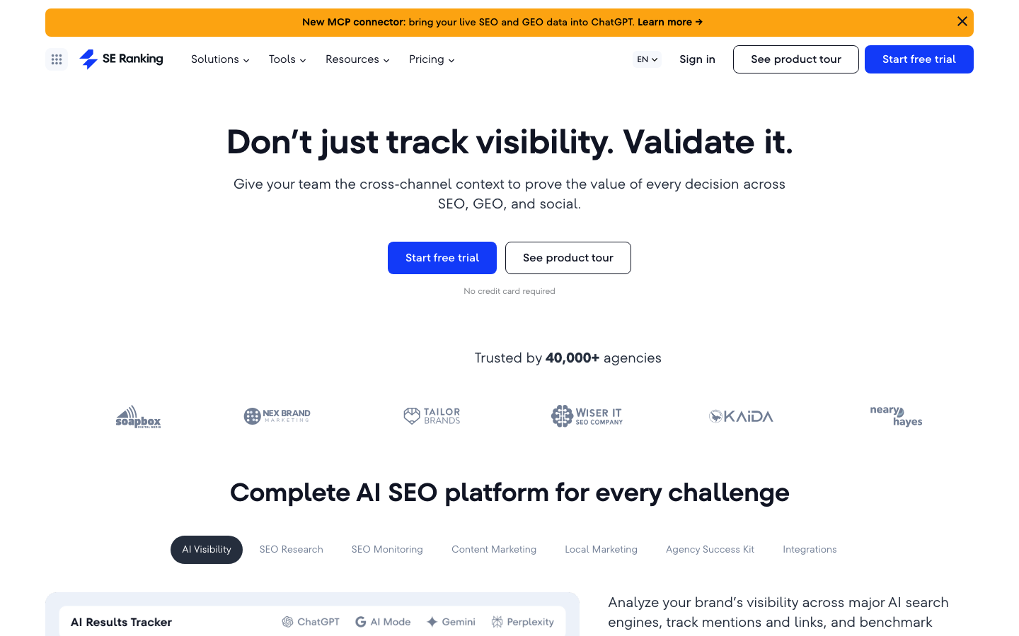 SE Ranking pricing page showing Core and Growth plans with GEO research and AI answers tracking included