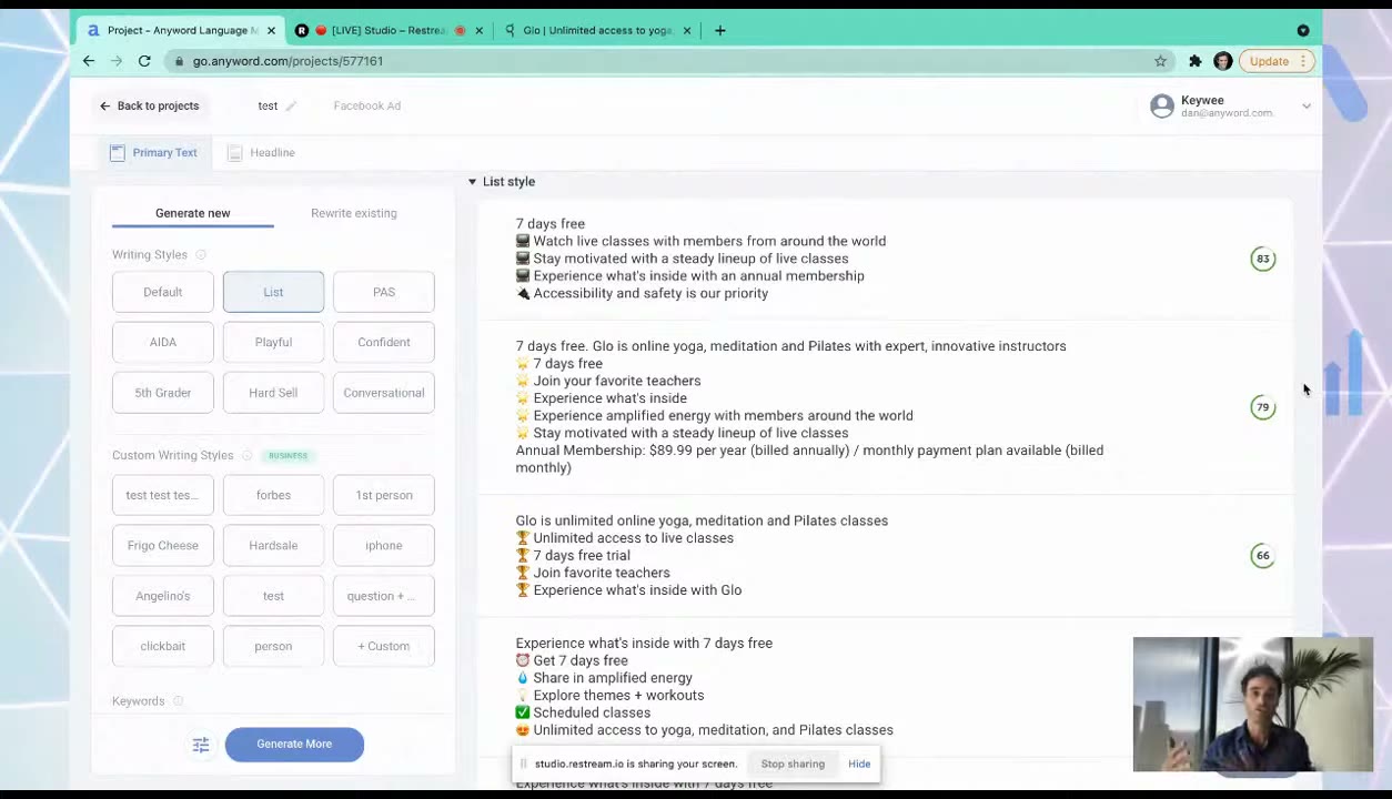 Anyword predictive performance score interface showing copy scored against historical conversion data before publishing
