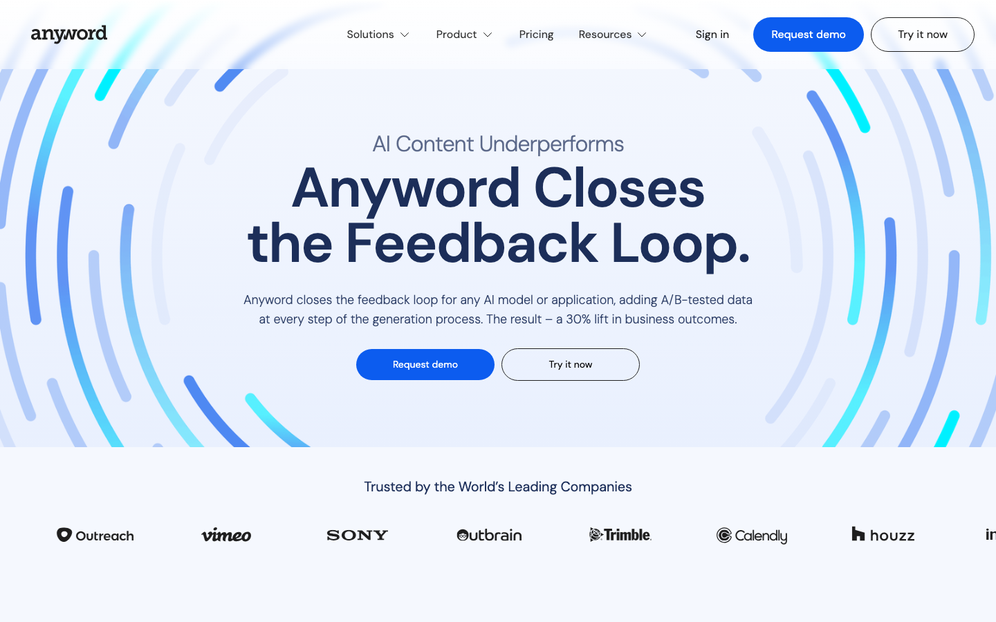 Anyword homepage showing the AI-driven copy intelligence and performance prediction features