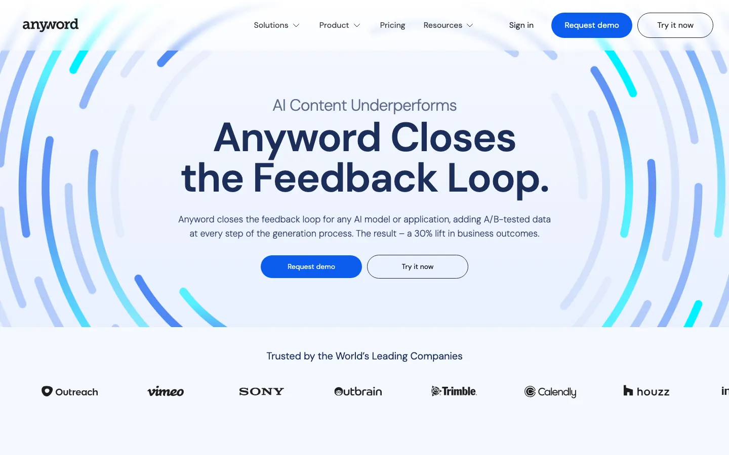 Anyword homepage showing the AI-driven copy intelligence and performance prediction features