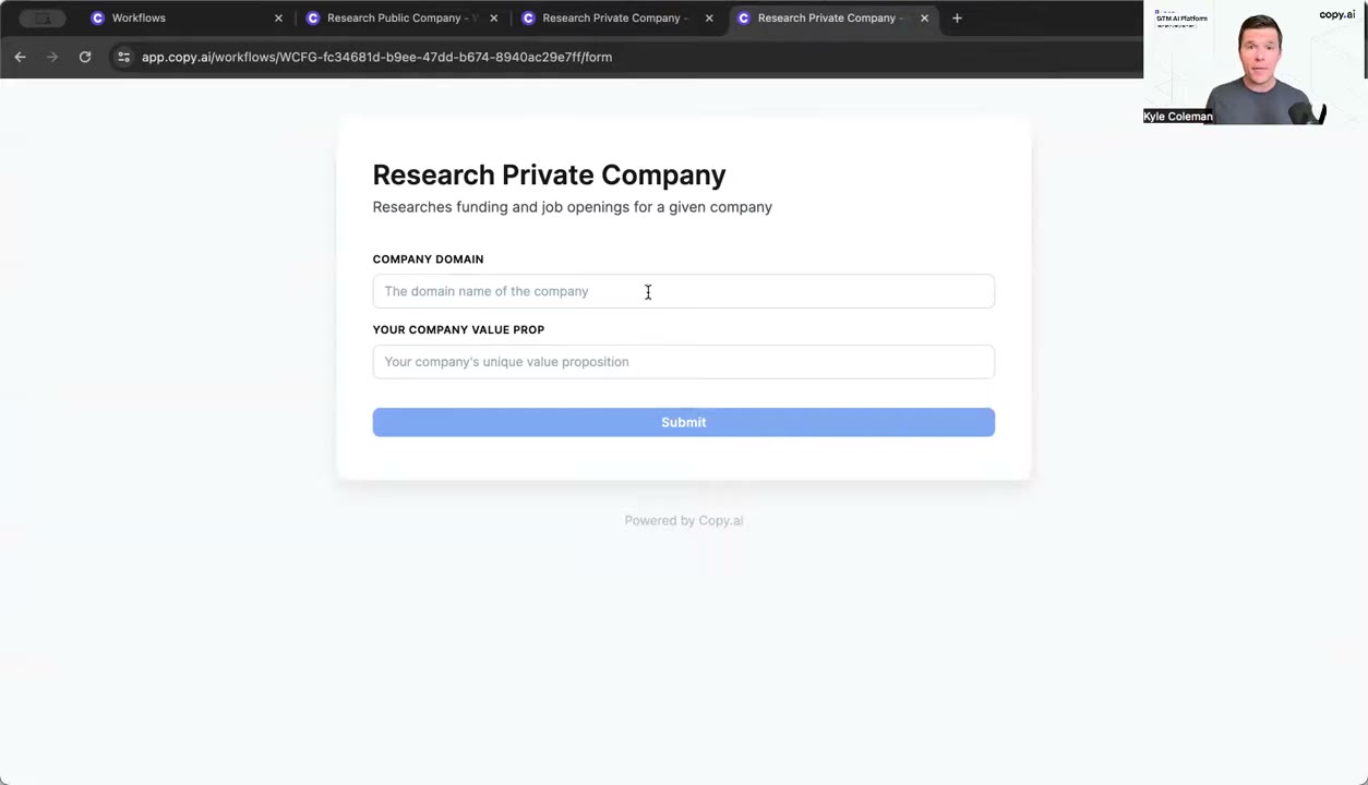 Copy.ai workflow builder showing multi-step outbound sequence automation with persona-aware content generation