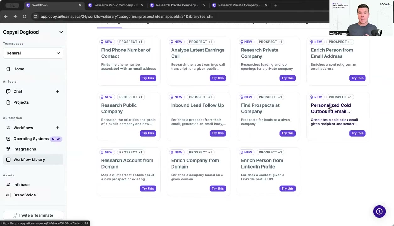 Copy.ai enterprise dashboard showing team collaboration features and GTM workflow templates for demand-gen teams