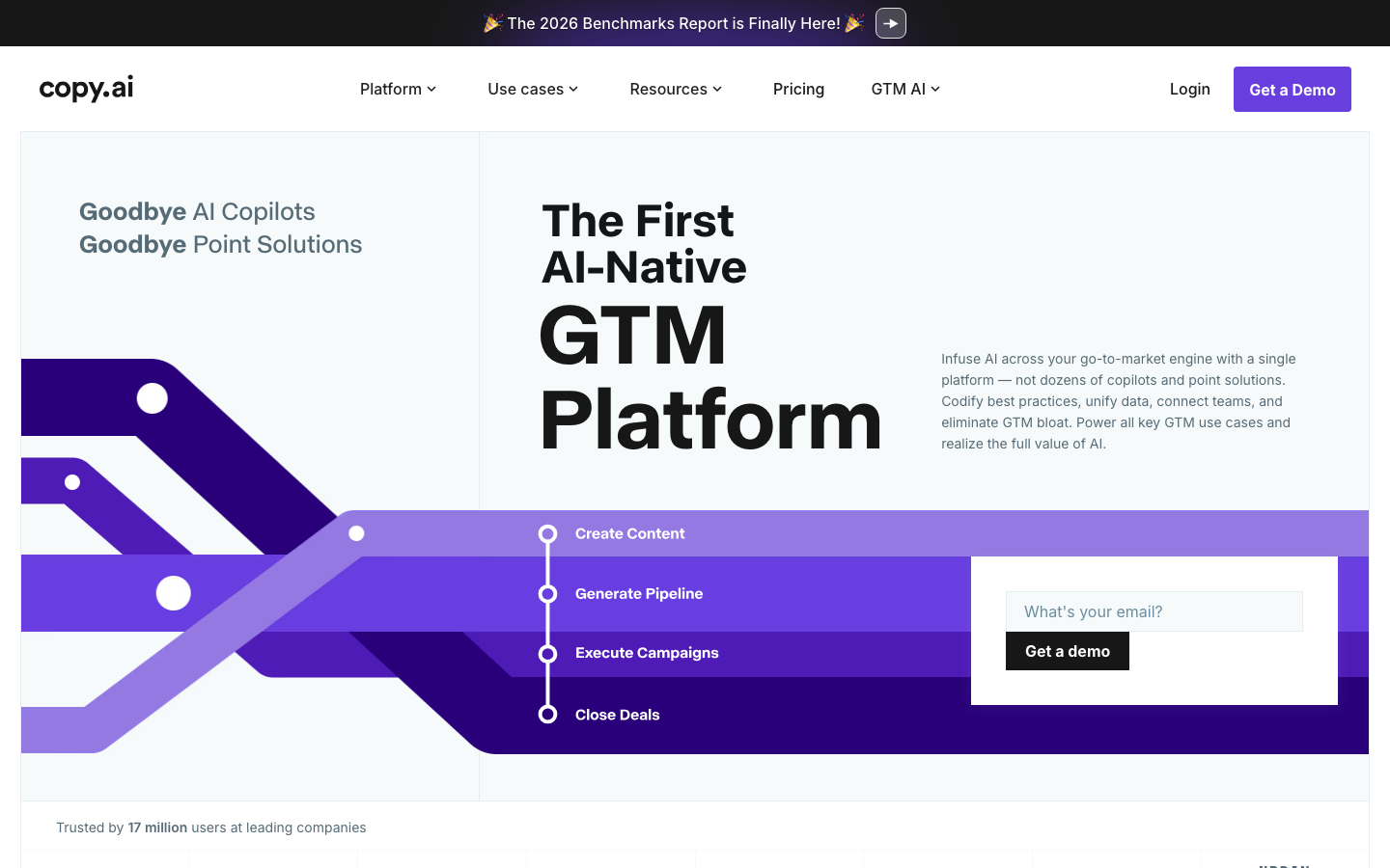 Copy.ai homepage showing the GTM AI platform and workflow automation capabilities
