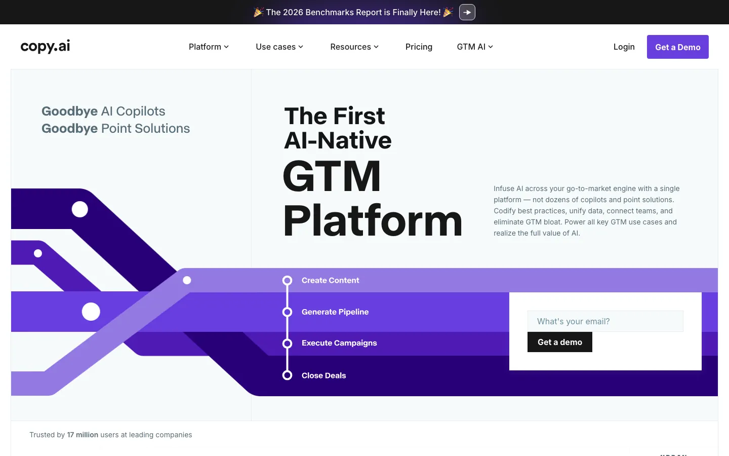 Copy.ai homepage showing the GTM AI platform and workflow automation capabilities