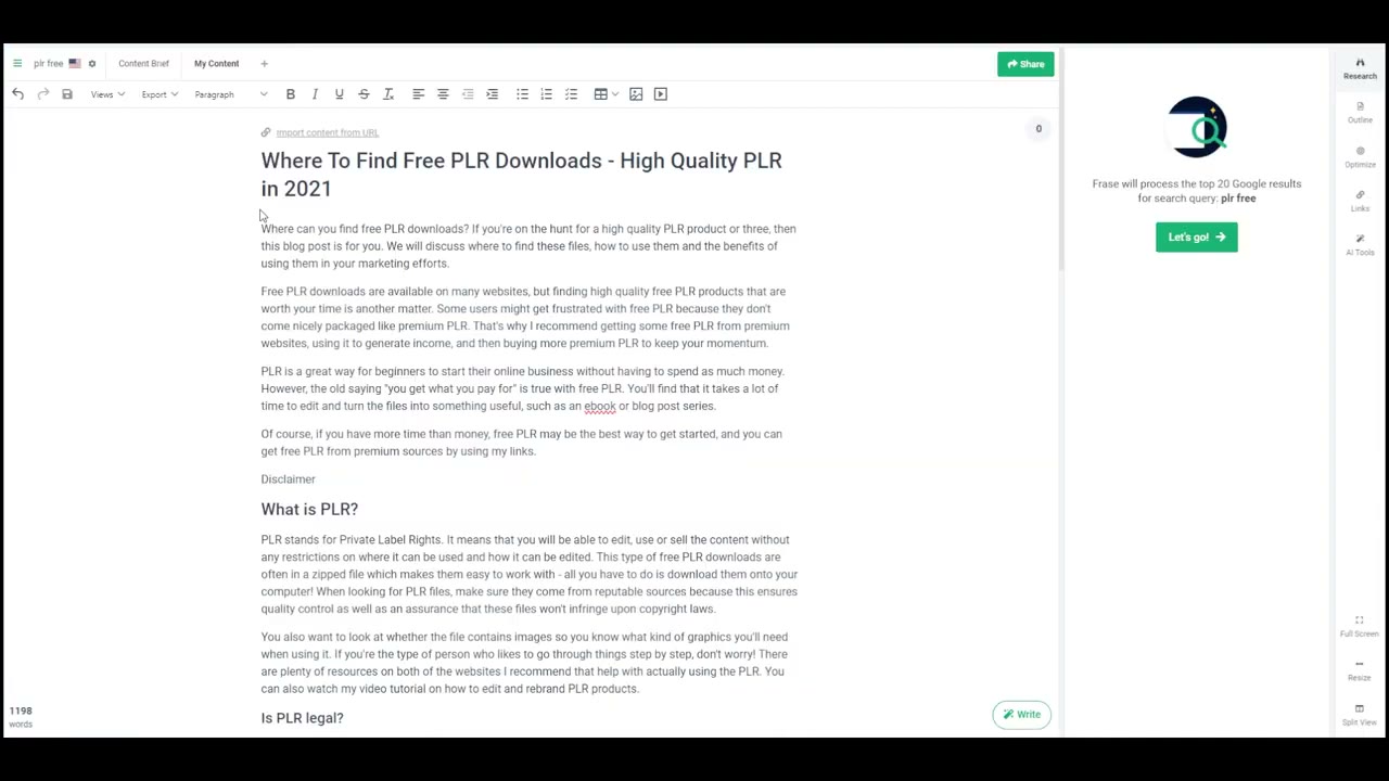 Frase content scoring dashboard showing how an article compares against top-ranking competitors on topic coverage