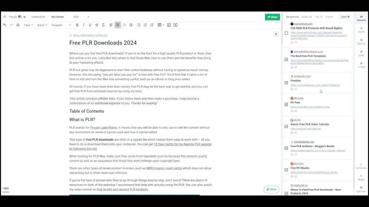 Frase AI writing interface generating a research-grounded SEO article from a completed content brief