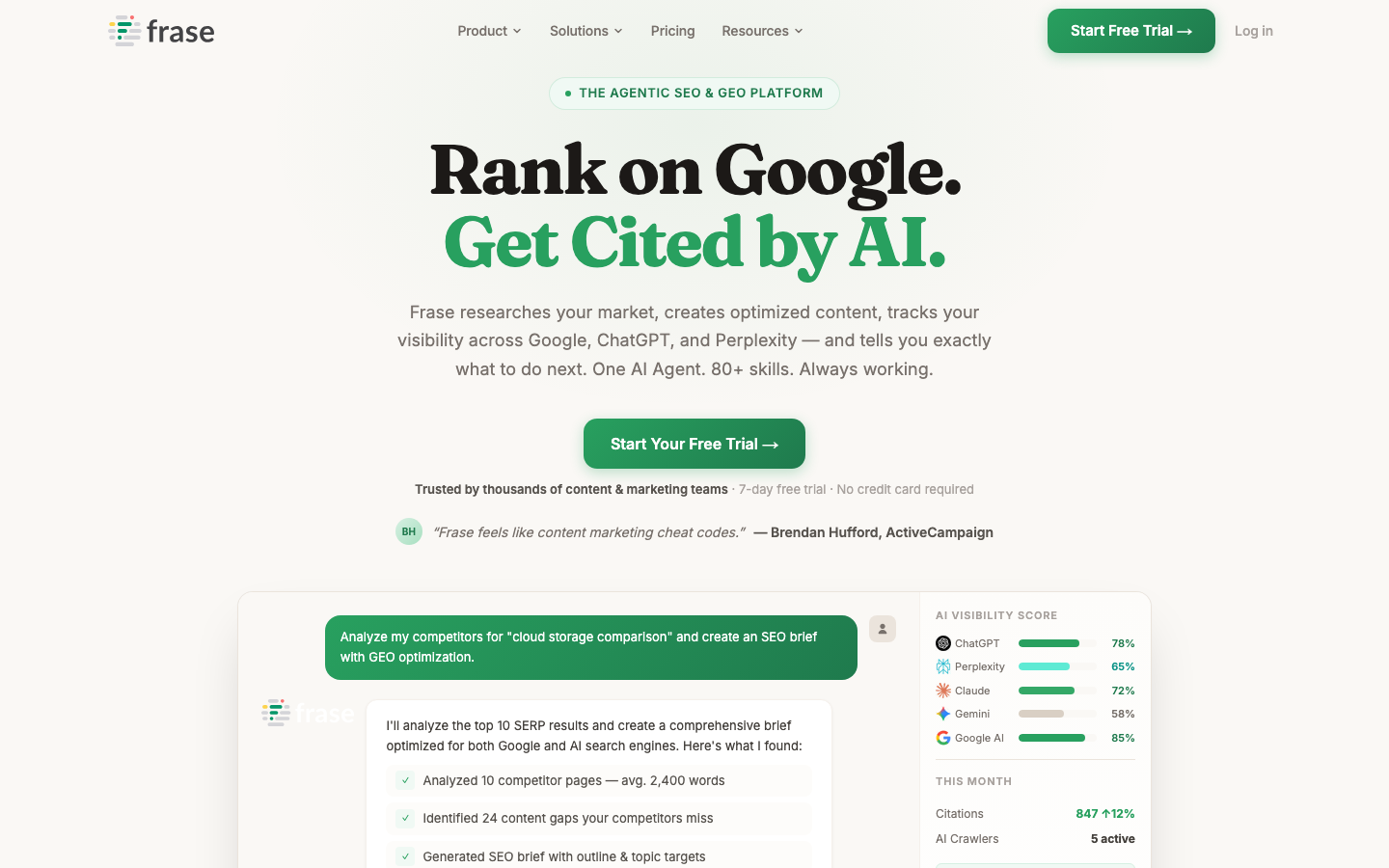 Frase homepage showing AI content creation and optimization platform for SEO-driven articles