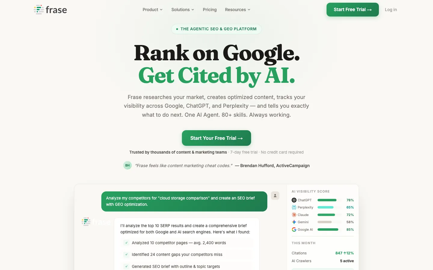 Frase homepage showing AI content creation and optimization platform for SEO-driven articles