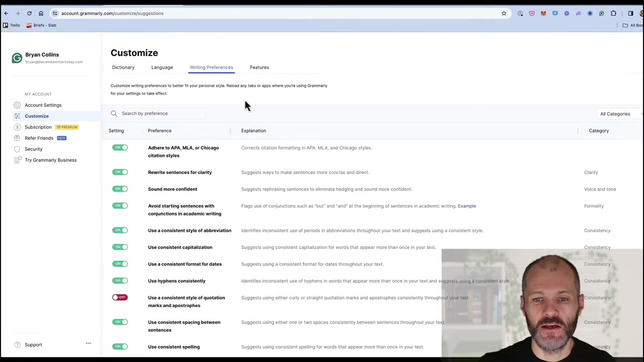 Grammarly writing assistant interface showing real-time grammar and style suggestions across a document