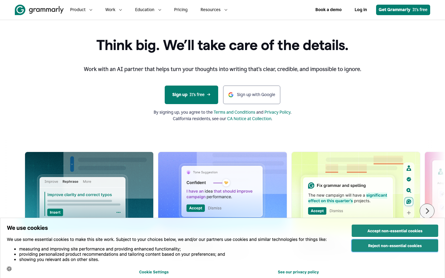Grammarly homepage showing the AI writing assistant tagline and product interface preview