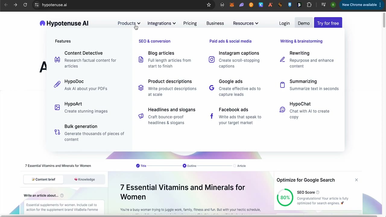 Hypotenuse AI product description generation showing bulk ecommerce catalog content creation from product data inputs