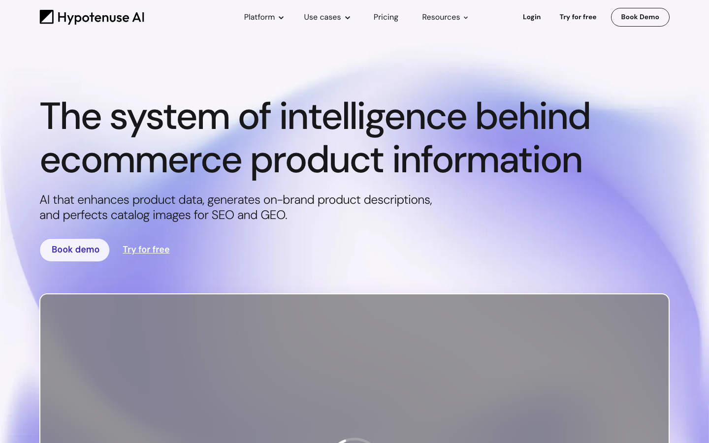 Hypotenuse AI homepage showing the ecommerce content platform with product description generation