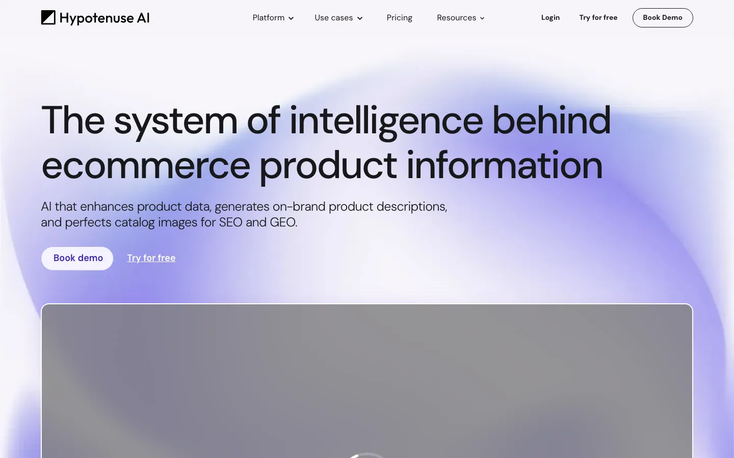 Hypotenuse AI homepage showing the ecommerce content platform with product description generation
