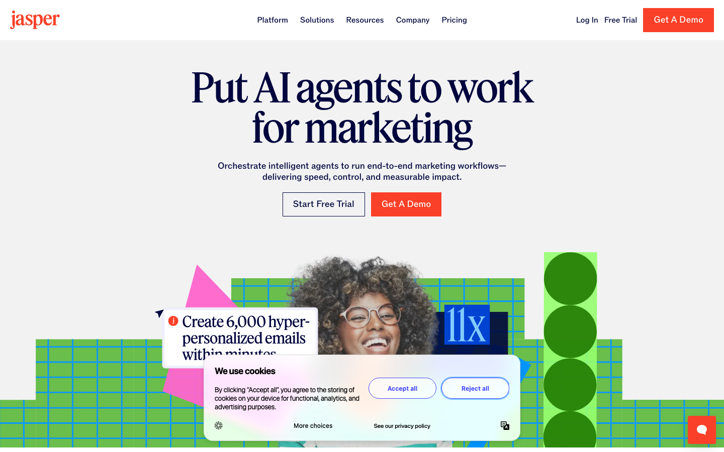 Jasper homepage showing the AI marketing platform headline and campaign canvas features