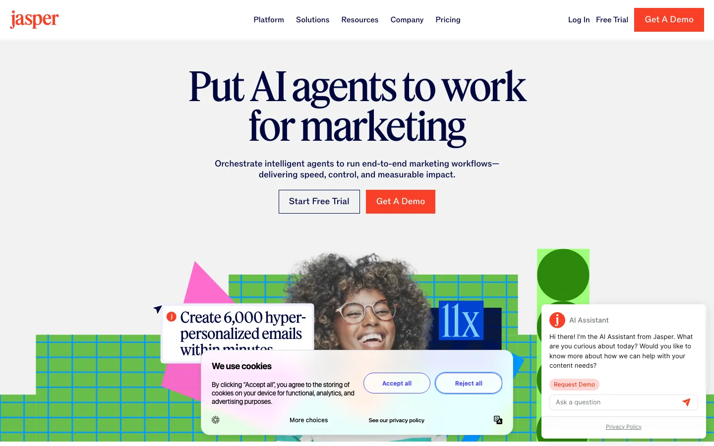 Jasper homepage showing the AI marketing platform headline and campaign canvas features