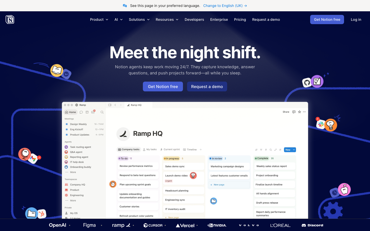 Notion homepage showing the connected AI workspace with search and content creation capabilities