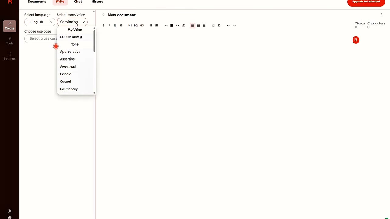 Rytr AI writing interface showing use case selection with 40-plus templates for emails, blogs, social copy, and product descriptions