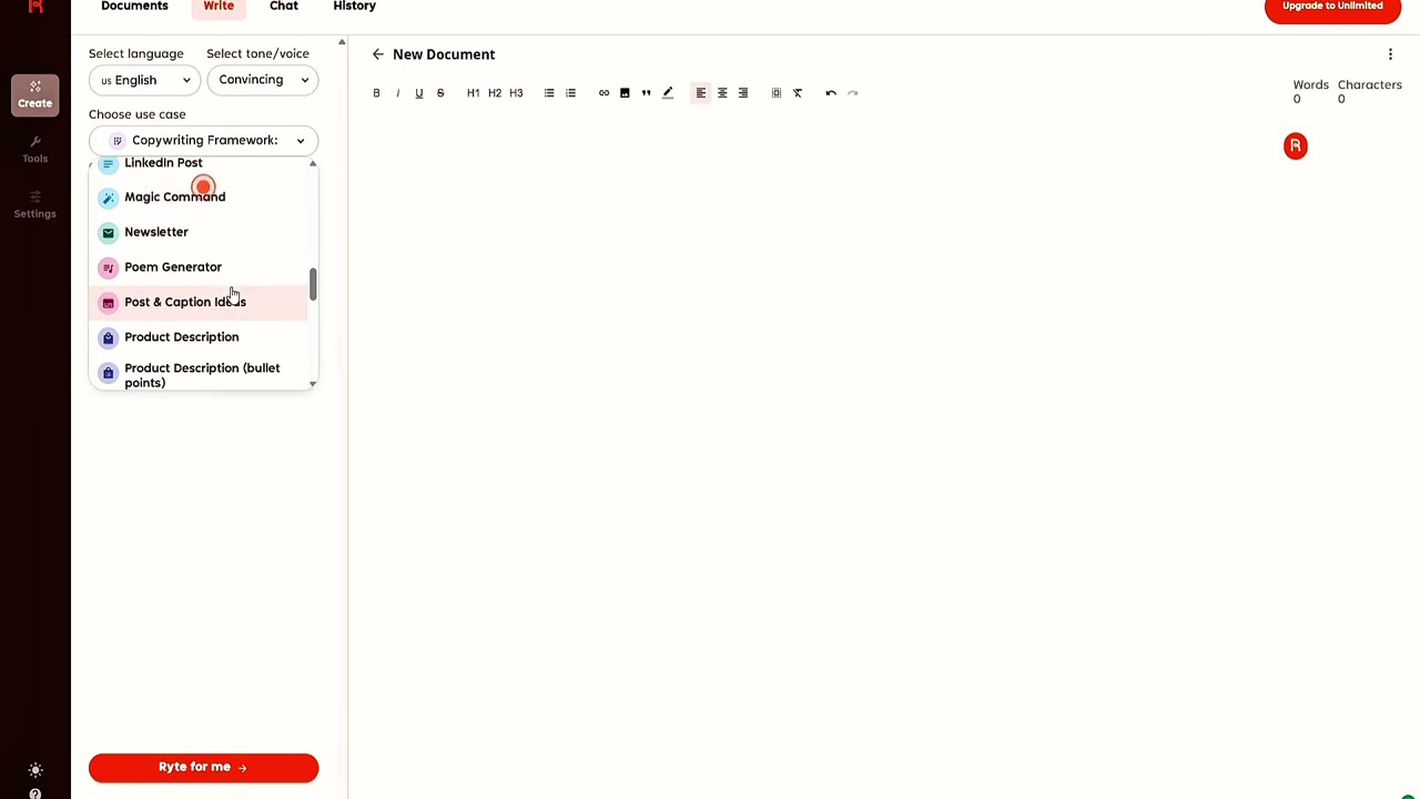Rytr content generation in action producing a first-draft blog post with tone controls and language selection