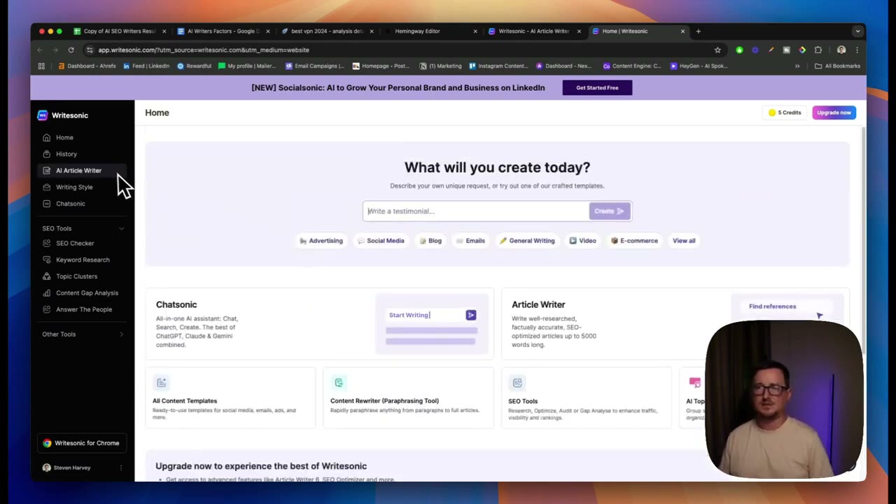 Writesonic AI Search Visibility Platform overview showing content generation and brand tracking features in one dashboard
