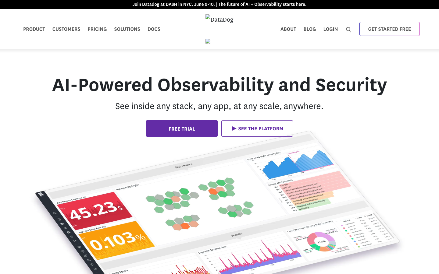 Datadog homepage showing AI-powered observability platform with infrastructure monitoring dashboards