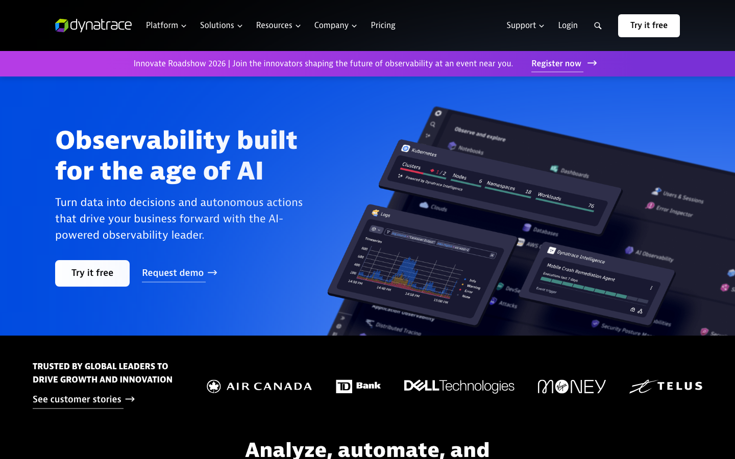 Dynatrace homepage showing AI-powered observability for the age of AI with platform dashboard views