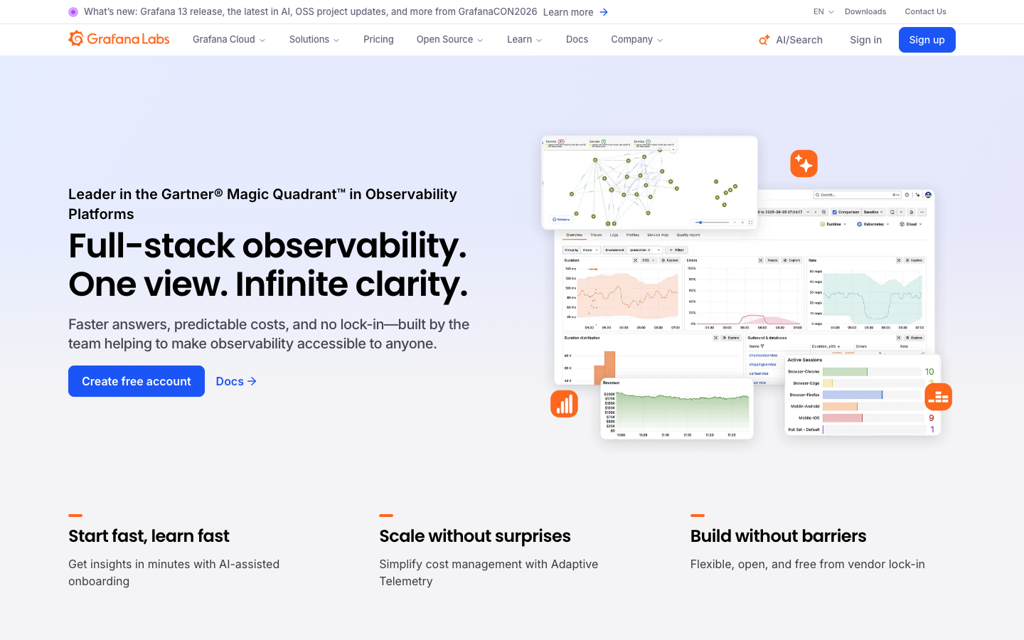 Grafana Cloud homepage showing full-stack observability platform with Gartner Magic Quadrant leader recognition