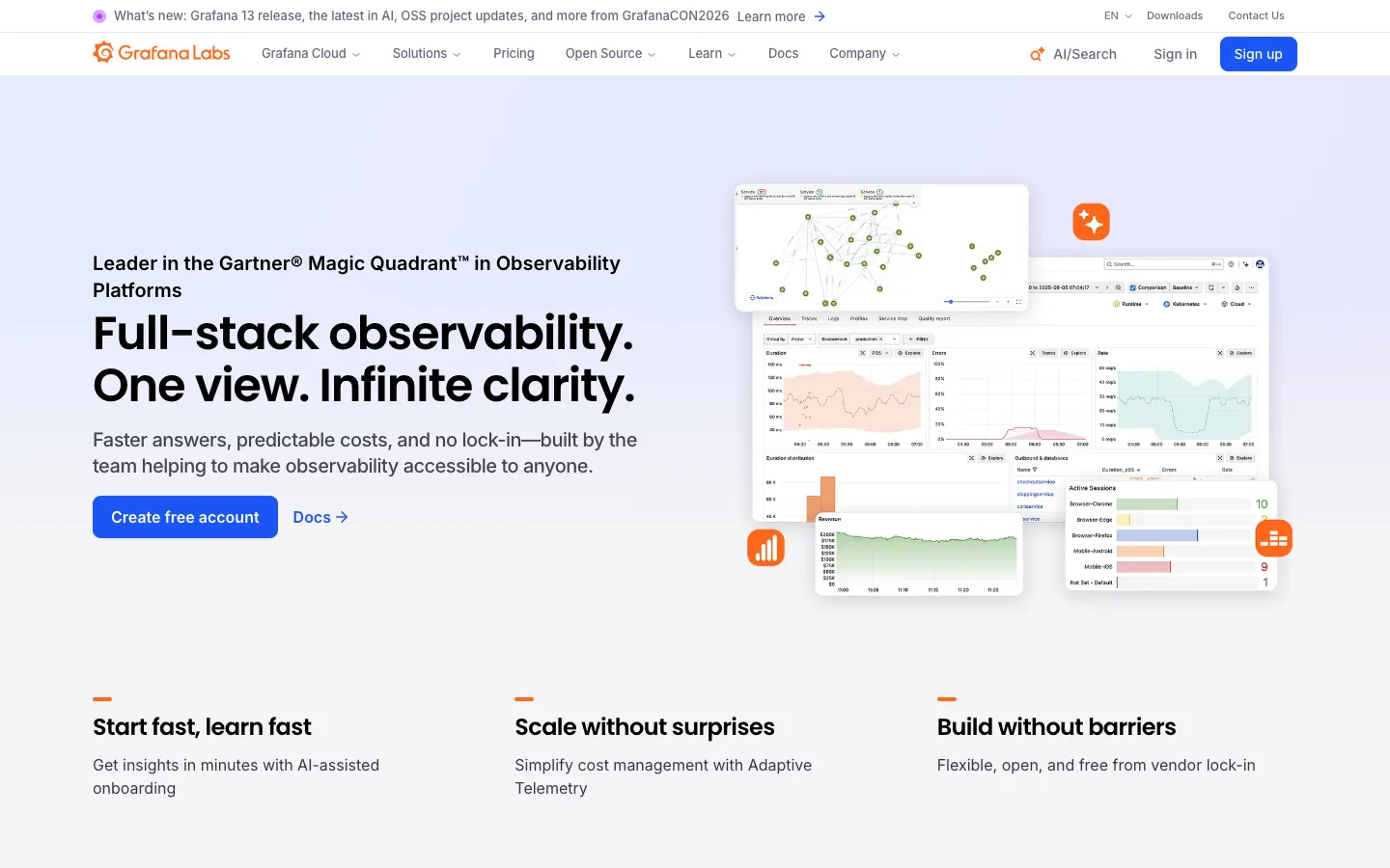 Grafana Cloud homepage showing full-stack observability platform with Gartner Magic Quadrant leader recognition
