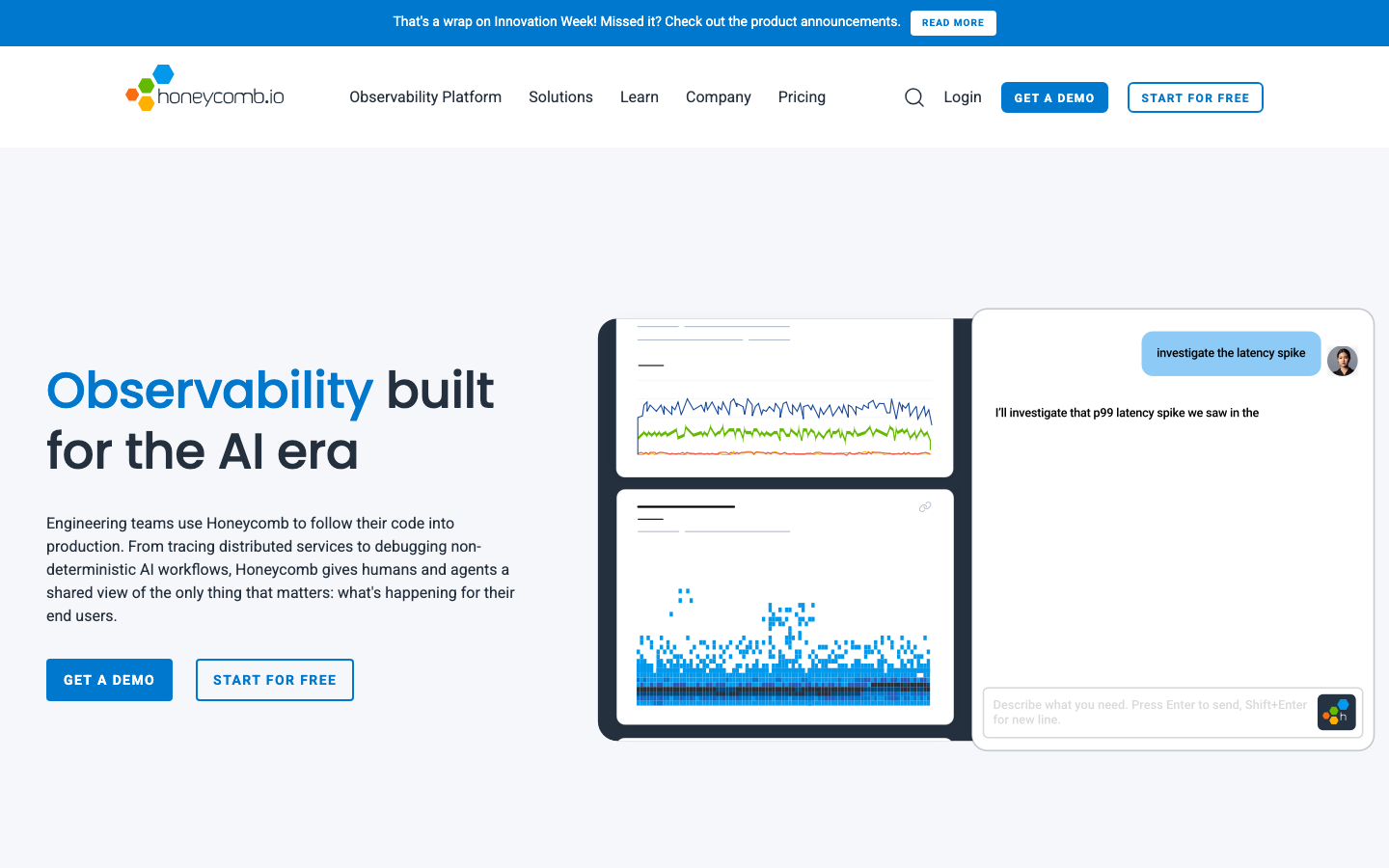Honeycomb observability platform homepage showing AI-era observability with trace and latency analysis